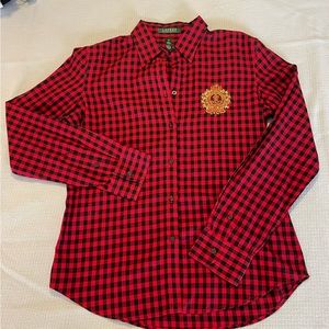 Ralph Lauren Beaded-Crest Red Plaid Gingham Button Down Shirt Size M